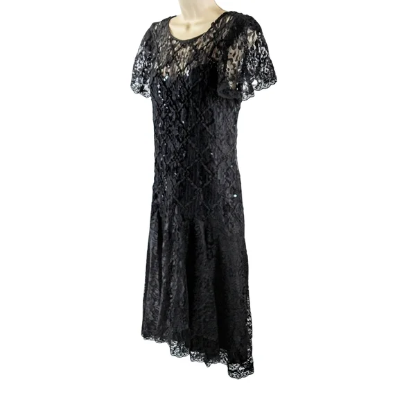 Vintage After Dark Elegant Black Lace Midi Dress - Picture 5 of 11